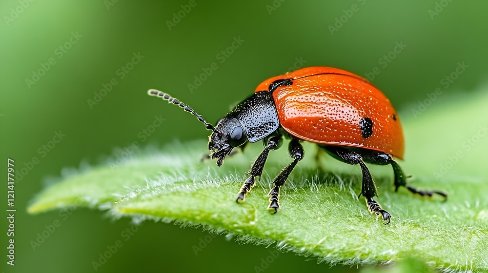 Poster red ladybird beetle with black spots on leaf green background in garden setting : generative ai