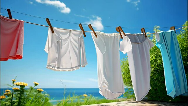 Sunlight and ocean breeze: clothes drying on a line in a serene coastal backdrop