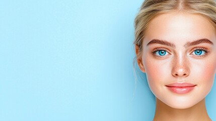 Naklejka premium Woman, blonde, blue eyes, skincare, beauty, pastel background, advertising