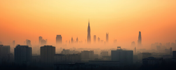 Obraz premium The PM 2.5 Pollution Crisis Themed, skyline of Bangkok shrouded in thick smog during sunset, creating dramatic atmosphere