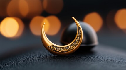 Golden crescent moon ornament with Arabic inscription signifies Ramadan's spiritual essence and festive celebration