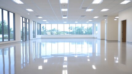 Fototapeta premium Spacious Empty Office with Large Windows and Natural Light Reflection : Generative AI