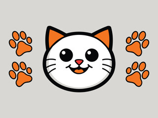 A cute and playful flat vector illustration of a cat's face with paw prints, featuring bright orange and white details, perfect for animal logos, pet-themed designs, and illustrations.