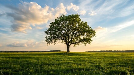 Lone Tree in Lush Green Field Beneath Expansive Blue Sky and Fluffy Clouds : Generative AI