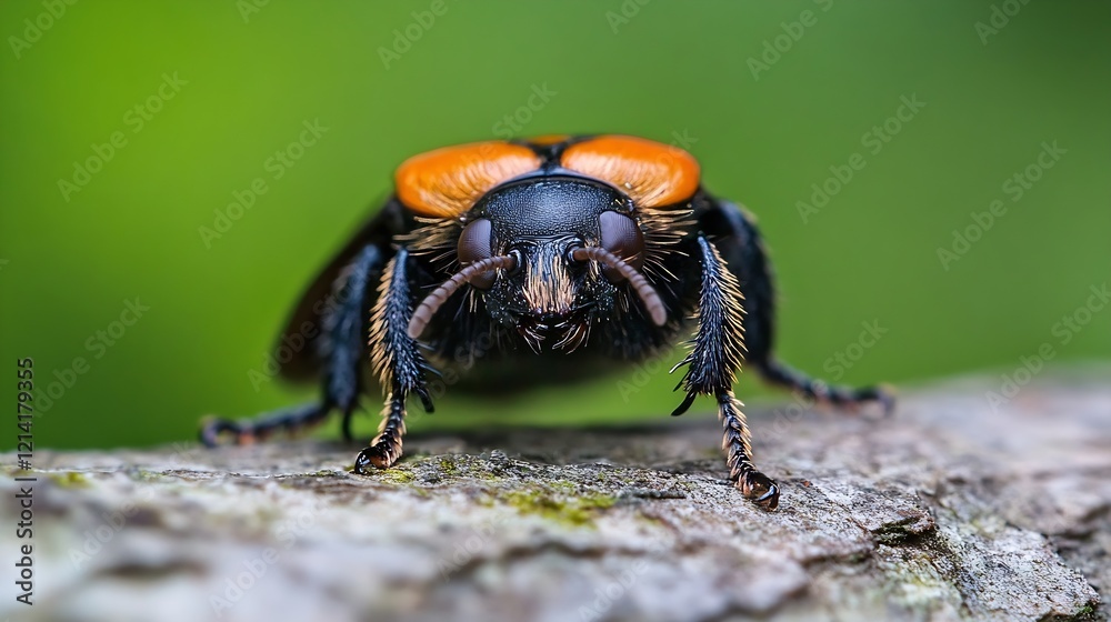 Poster detailed closeup of black beetle with red shell on textured wood surface in nature : generative ai