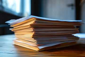 Stack of files is overflowing with paperwork, signifying a busy office environment
