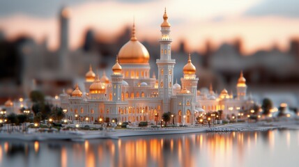 Naklejka premium Golden domes and twilight reflections highlight a stunning mosque during Ramadan in the heart of the city