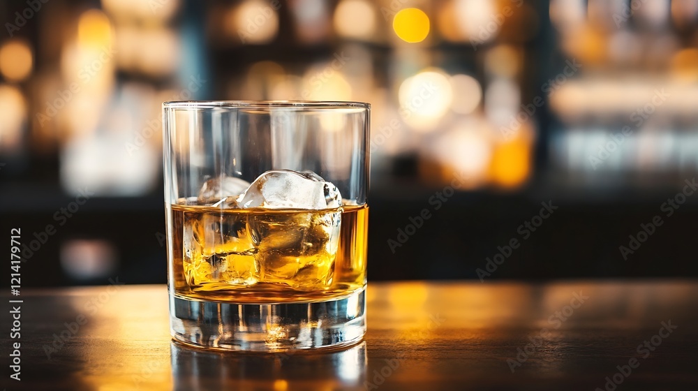 Poster Elegant glass of whiskey with ice on a wooden bar table in a dimly lit upscale setting : Generative AI