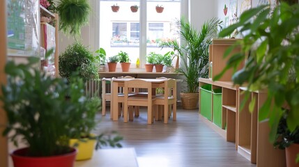 Inviting Kindergarten Classroom with Abundance of Green Plants and Natural Light : Generative AI