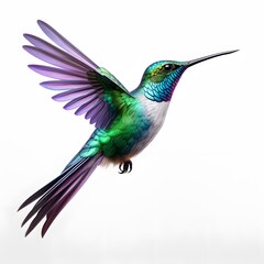Fototapeta premium Vibrant Hummingbird in Flight with Iridescent Plumage white bg