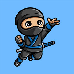 fun jumping ninja on black and blue cartoon colored character isolated drawing line art style sketch classic vintage design illustration