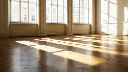 Spacious sunlit empty room with wooden parquet floor and large bright windows : Generative AI