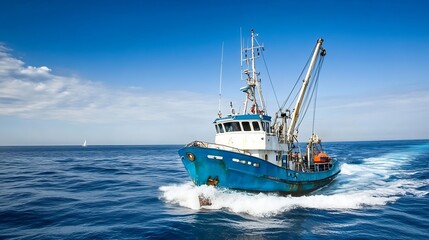 Fishing Trawler Navigating the Open Ocean Under Clear Blue Skies : Generative AI