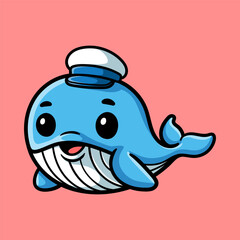 fun whale wear marine hat cartoon colored character isolated drawing line art style sketch classic vintage design illustration