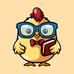 fun smart chick chicken with glasses and book cartoon character isolated drawing line art style sketch classic vintage design illustration