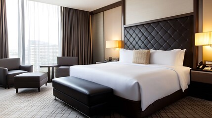 Luxurious Hotel Bedroom with Elegant Interiors and Large Windows Offering Stunning City Views : Generative AI