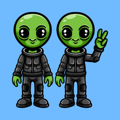 fun twin alien in suit with peace hand colored cartoon isolated drawing line art style sketch classic vintage design illustration