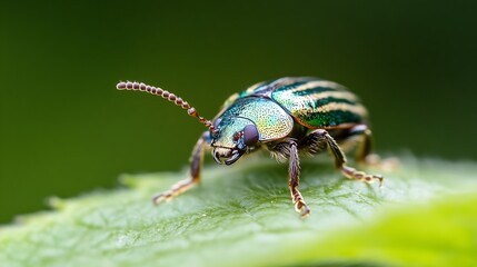 Naklejka premium Metallic Striped Beetle on Leaf Captured in Stunning Macro Photography : Generative AI