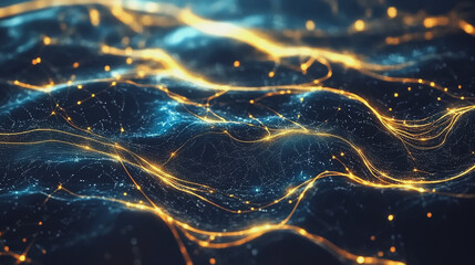 Abstract digital background electromagnetic wave background Innovation digital wave, information technology background and green luxury background with golden line decoration and curve light effect