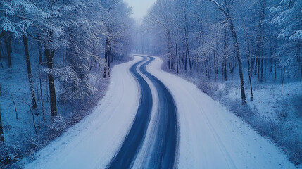 Fototapeta premium Snow-covered winding road through a tranquil winter forest landscape