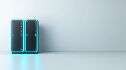 Powerful servers with neon blue lights illuminating a modern data center two