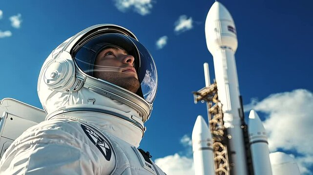 Aspiring Astronaut Gazes at Towering Rocket for Space Launch