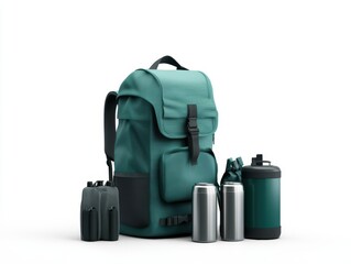A backpack ready for adventure, bottle and cup ensure hydration on the go
