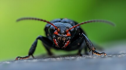 Naklejka premium Closeup Portrait of Aggressive Black Beetle with Red Eyes on Green Background : Generative AI