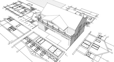 house architectural project sketch 3d illustration	
