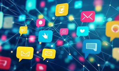 Networked icons show digital messaging communication and connection.