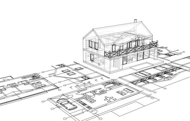 house architectural project sketch 3d illustration	
