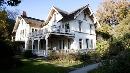 Charming Vintage White House with Ornate Balcony and Autumnal Garden Offering Classic Architectural Elegance : Generative AI