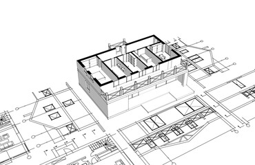 house architectural project sketch 3d illustration	
