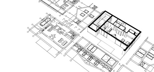 house architectural project sketch 3d illustration	
