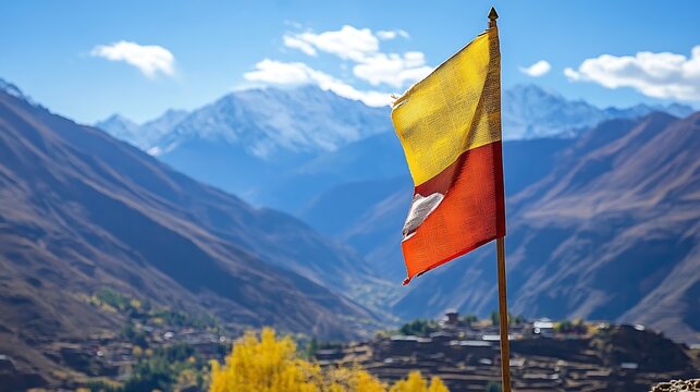 Panoramic View of Vibrant Tibetan Flag in the Majestic Himalayan Mountain Landscape : Generative AI