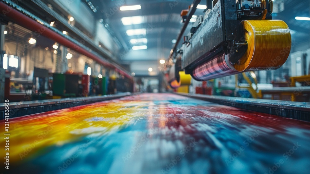 Poster Bright hues blend together as a large format printing machine operates efficiently in a busy production facility. The rhythmic movement creates stunning designs on the print bed