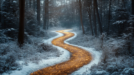Winding golden path through snowy forest during twilight