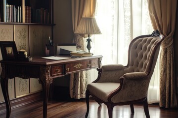 Fototapeta premium Elegant study; antique desk, chair, sunlit window, bookshelves