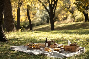 Autumn park picnic, food, wine, blanket, sunlight, fall foliage