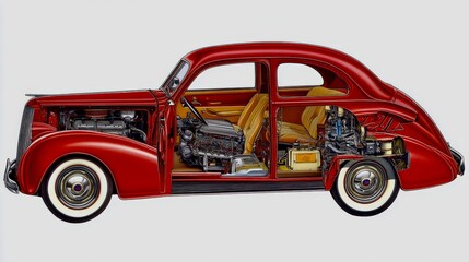 A cutaway view of a classic car, revealing its vintage engine and seating arrangement
