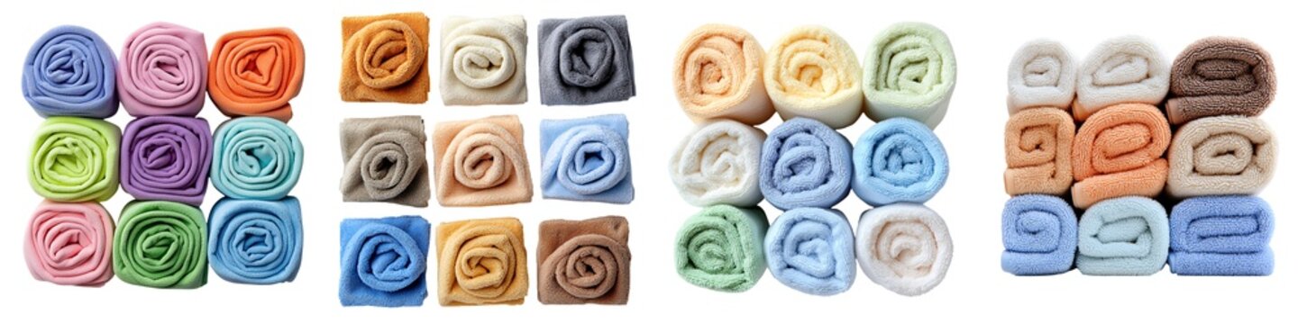 Eco Cleaning Products collection. Colorful rolled towels arranged in neat squares, showcasing a variety of textures and shades for an organized bathroom display.