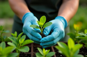 A woman wearing blue rubber gloves holds a green sprout with soil.