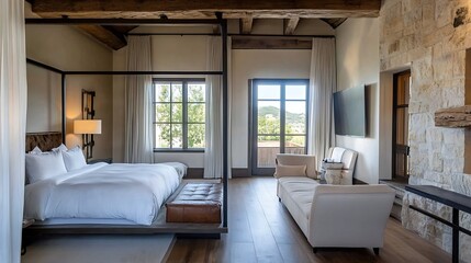 Rustic Modern Bedroom with Natural Light and Luxurious Decor Creates a Serene Restful Atmosphere for Relaxation : Generative AI