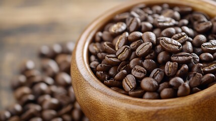 Fototapeta premium Wooden Bowl Filled with Aromatic Roasted Coffee Beans : Generative AI