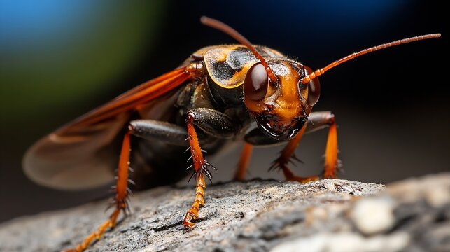 Orange Wasp on Rock with Detailed Wings and Antennae in Natural Light : Generative AI