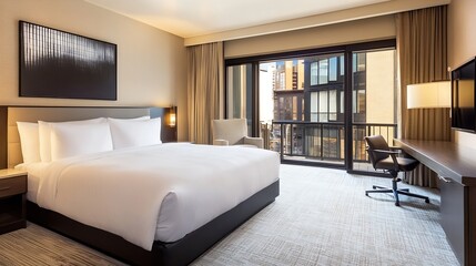 Contemporary Hotel Room with Cozy Double Bed and City View Balcony : Generative AI