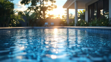 Sunset reflections over a serene swimming pool surrounded by lush greenery