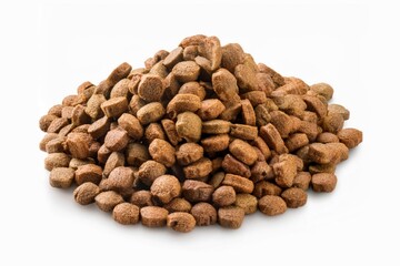 Heap of Dry dog food pellets or dry cat food isolated on white background with clipping path and full depth of field