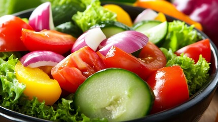 Fresh Vegetable Salad with Tomatoes Onions and Cucumbers in Black Bowl : Generative AI