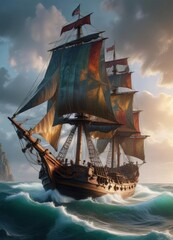 Fototapeta premium Ancient sailing vessel in midst of fierce sea battle, sea battle, marine